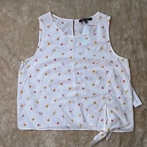 Alice Blue sleeveless blouse LARGE beige floral print with tie at bottom hem NWT